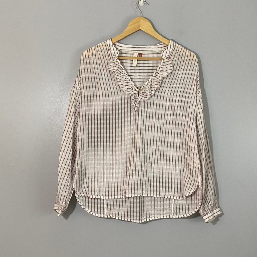 Anthropologie Pilcro Striped Ruffle Collar Cotton Linen Blouse